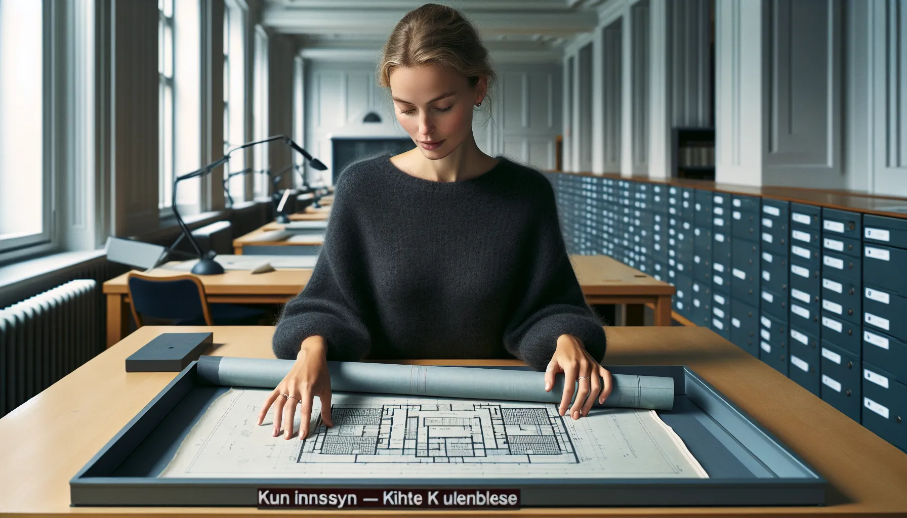 Hands review stamped house plans in a norwegian archive beside a no-copy sign.