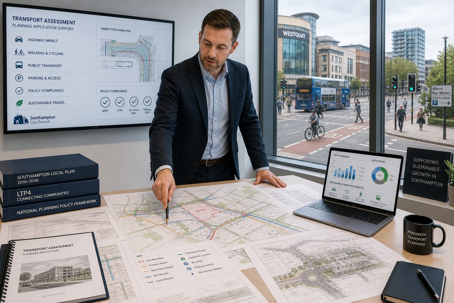 Traffic engineer reviewing Southampton planning and highway access plans in an office.