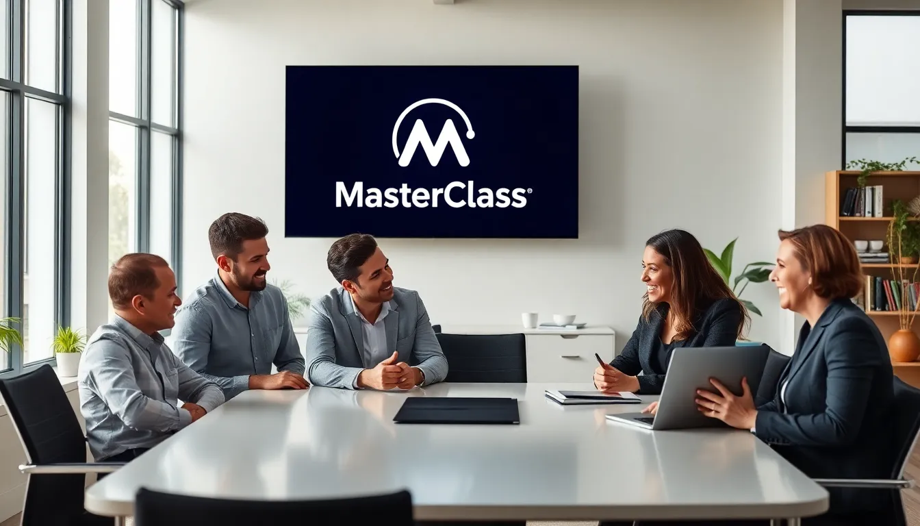 diverse professionals discussing MasterClass courses in a modern office.