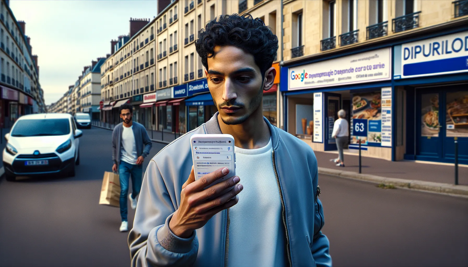 Man in Noisy-le-Sec using Google on his smartphone to find local services.