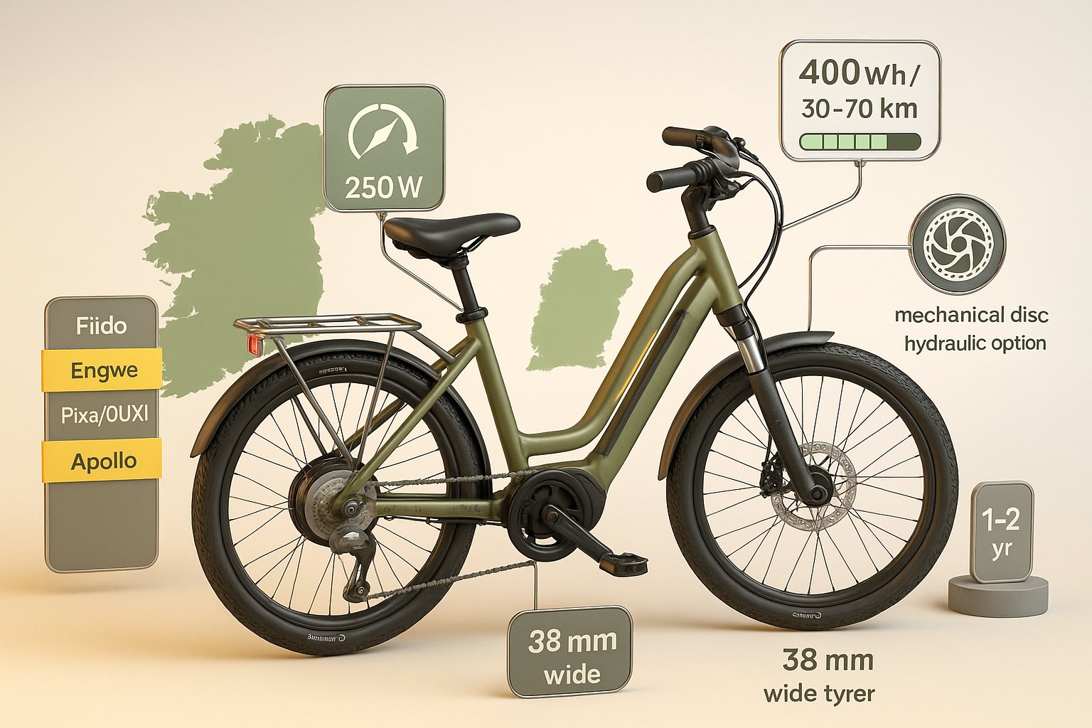3D render of a commuter e-bike cutaway showing motor, battery, and feature callouts.