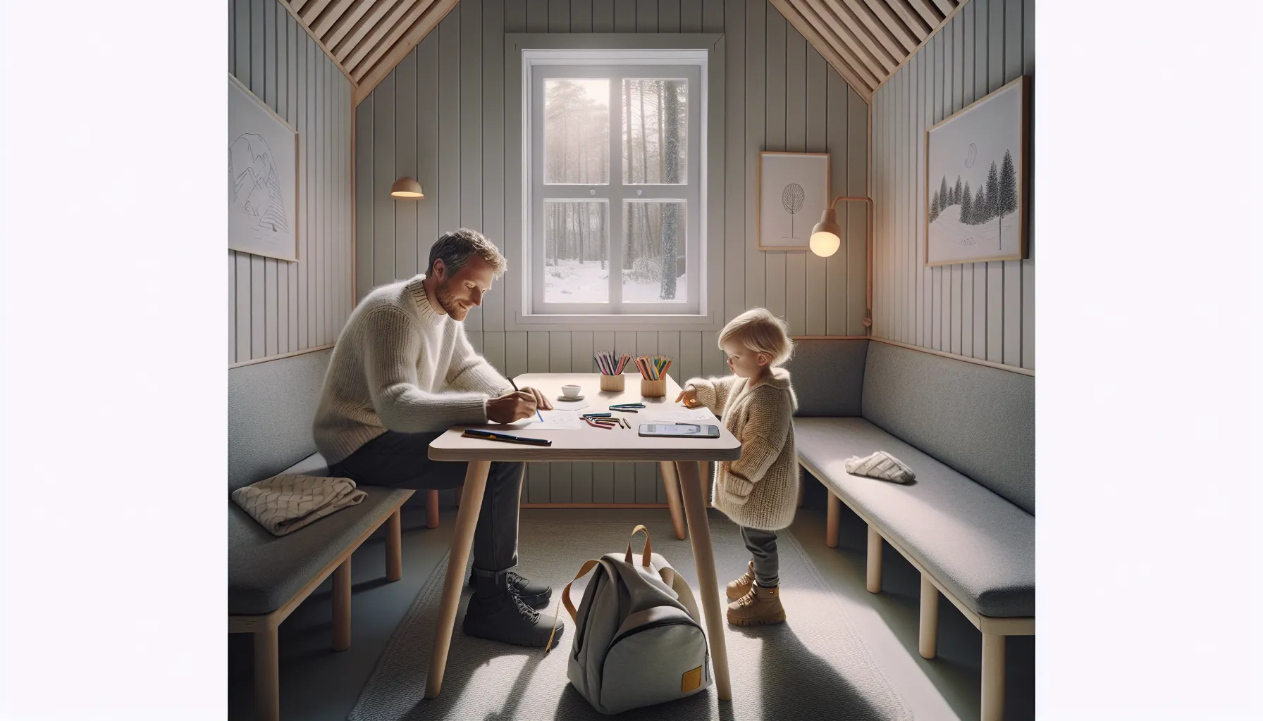 Norwegian family prepping a calm bag at a quiet corner restaurant table.
