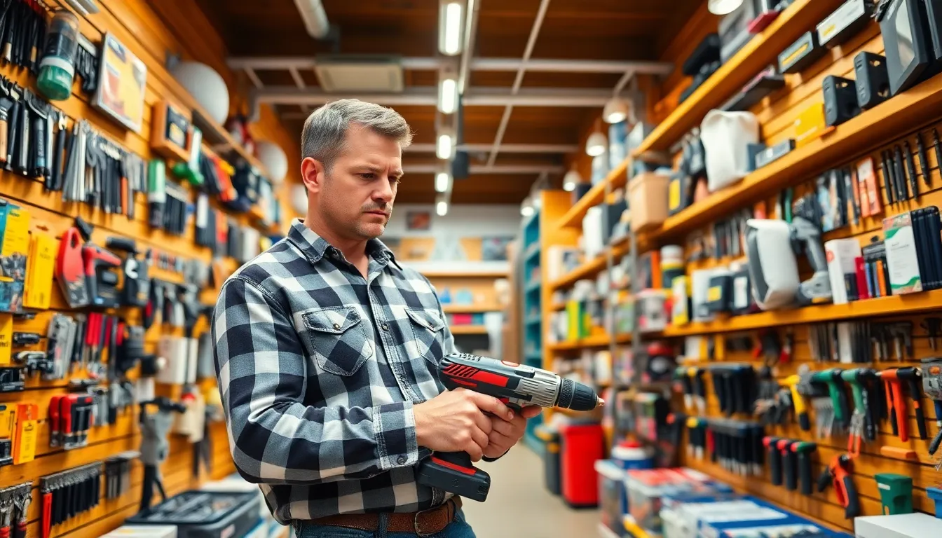 a customer examining tools in a well-organized hardware store.