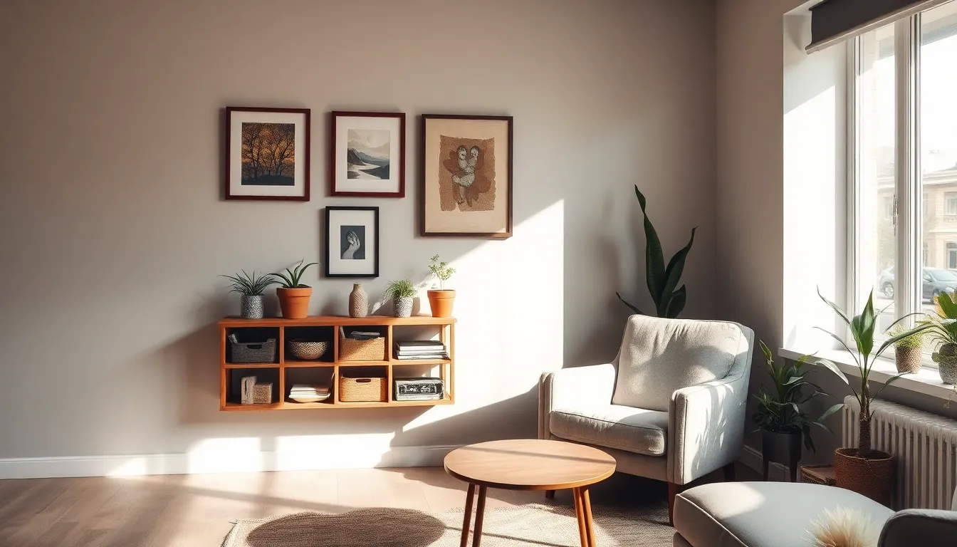 a modern living space showcasing thrifty decor and furniture.