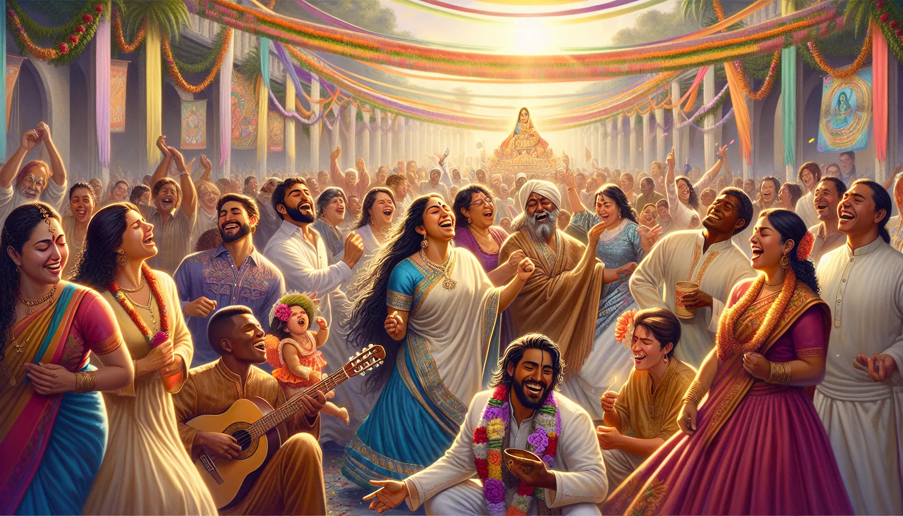 diverse group celebrating Gowthalamma at a lively festival.