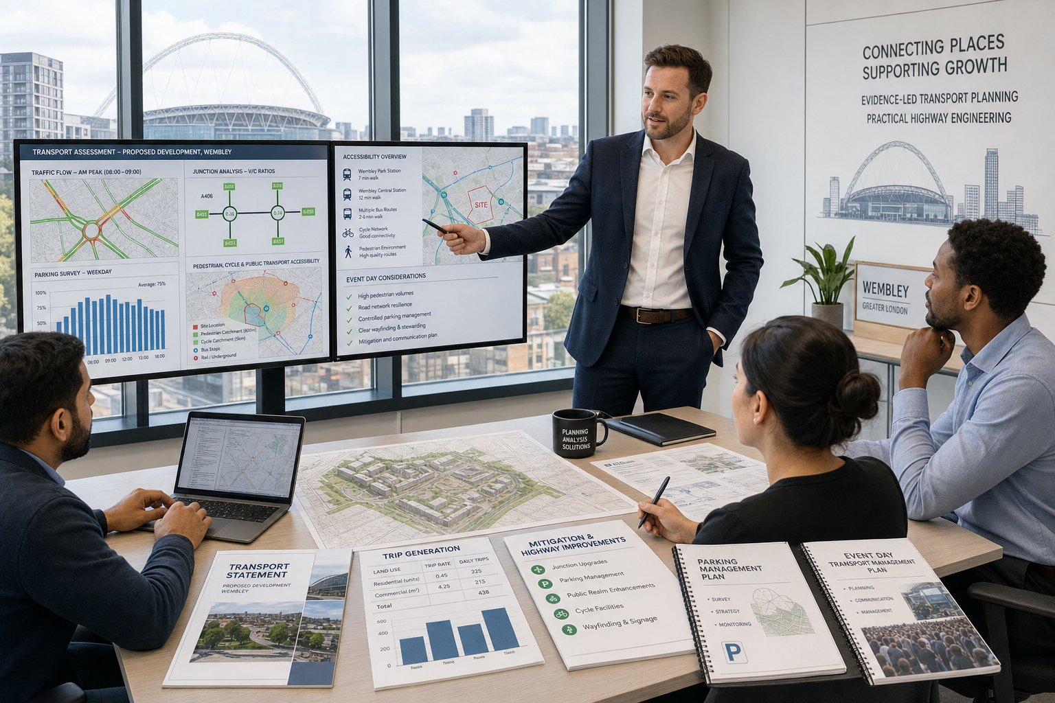 Traffic engineer reviewing transport assessment plans in a modern Wembley office.