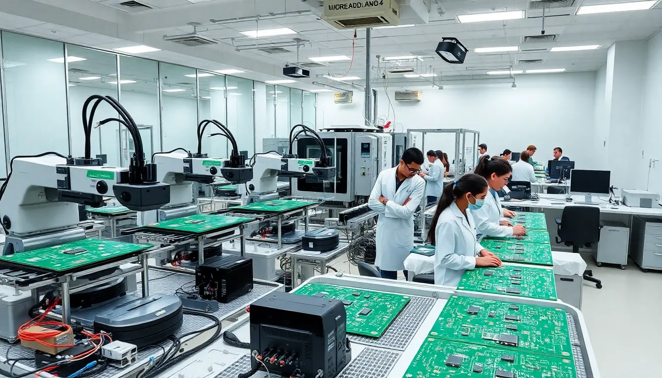 Technicians and robots assembling circuit boards in a modern American factory.