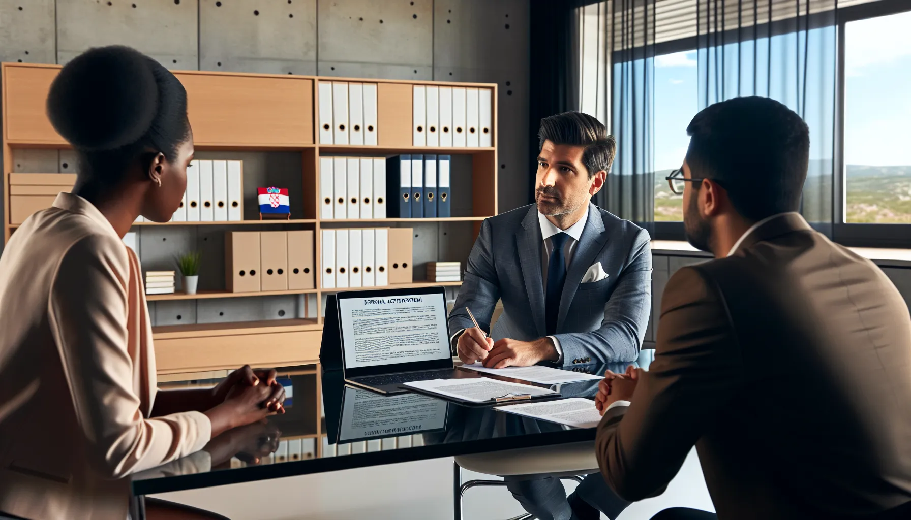 Legal advisor consulting clients about rental contract termination in Croatian office