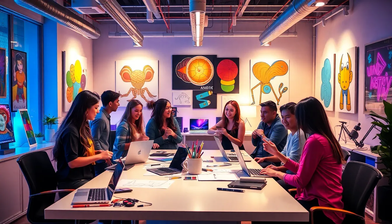 diverse team in a creative workspace discussing ideas and art.