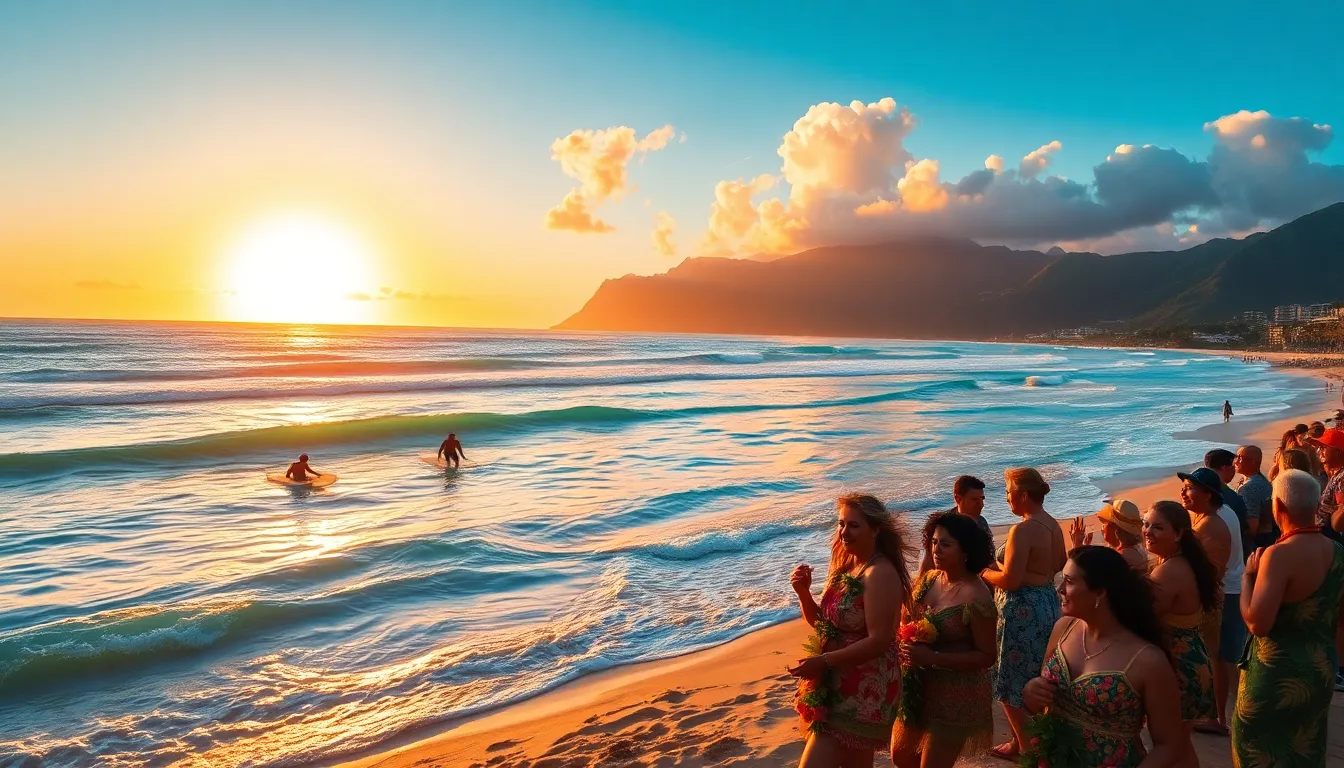 Aerial view of Hawaii beach with surfers and a traditional luau.