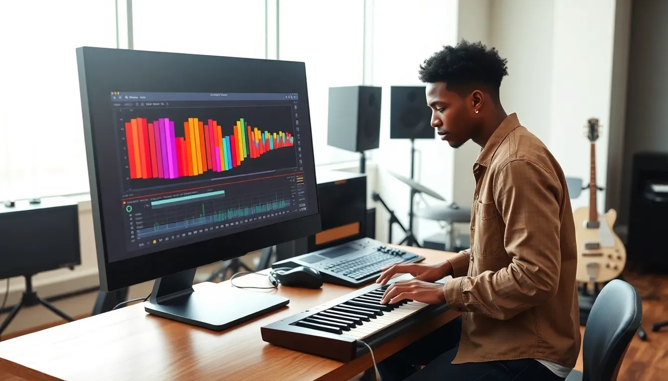 musician using virtual marimba software in a modern studio.