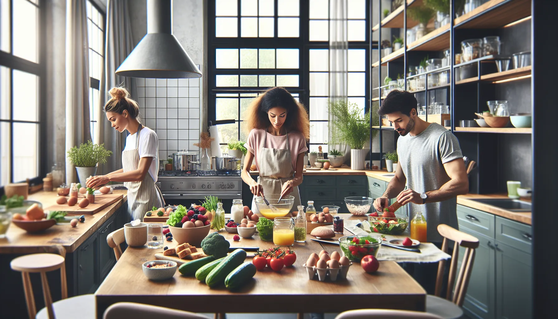 diverse team preparing brunch in a modern kitchen.