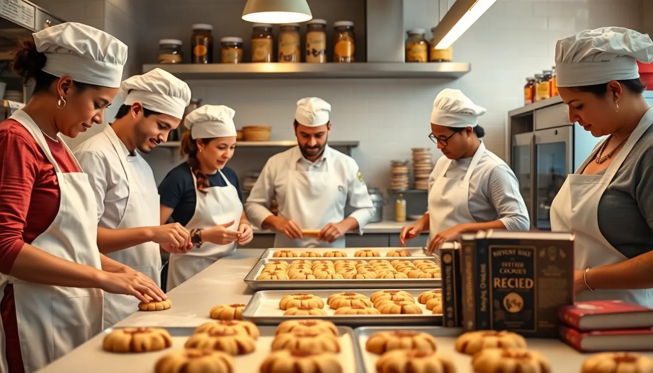 diverse bakers creating cookies in a modern bakery setting.