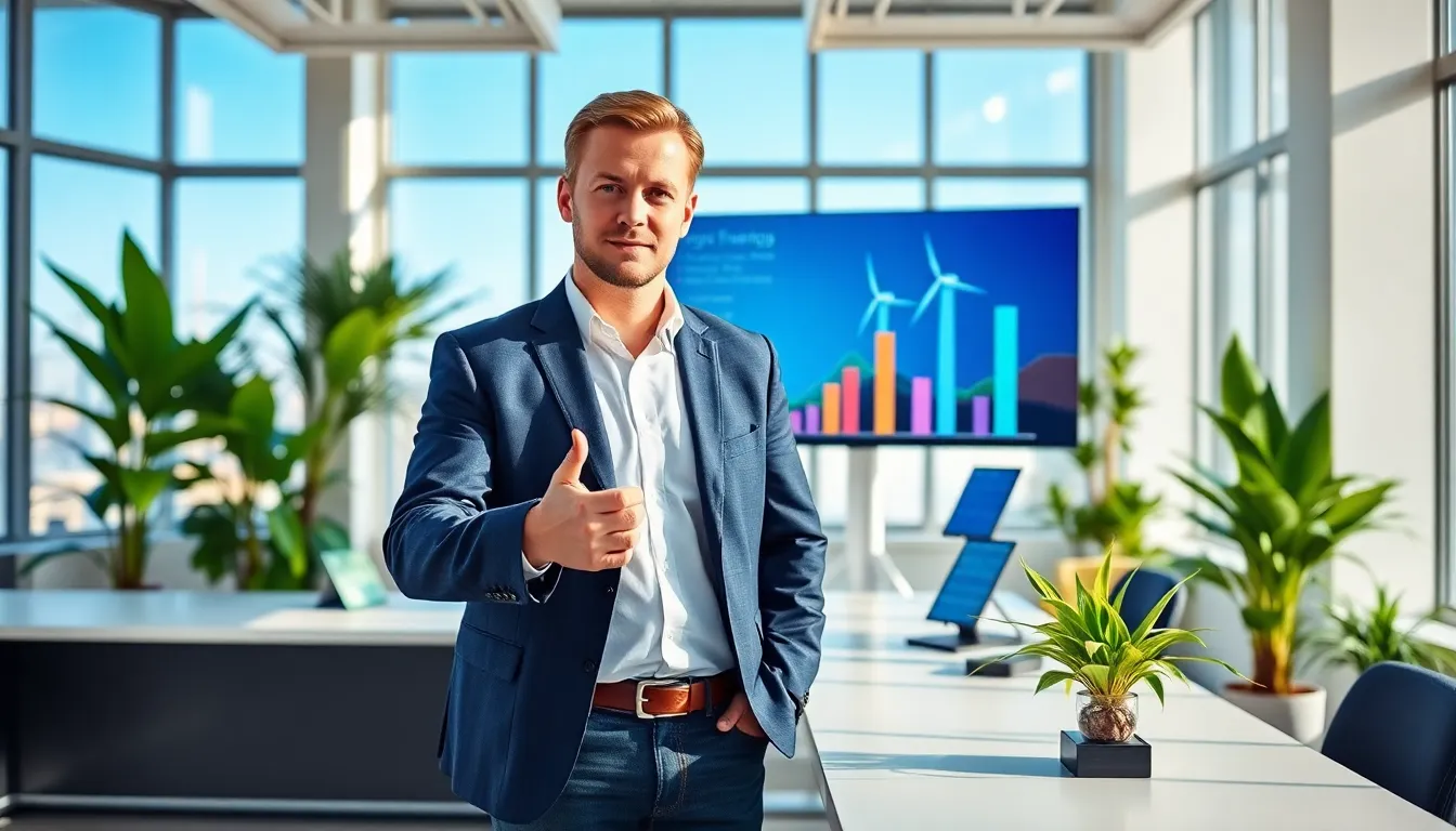 Andrew leading a meeting on renewable energy innovations in a modern office.