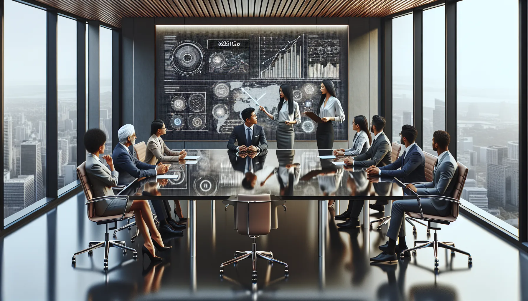 diverse team discussing data in a modern conference room.