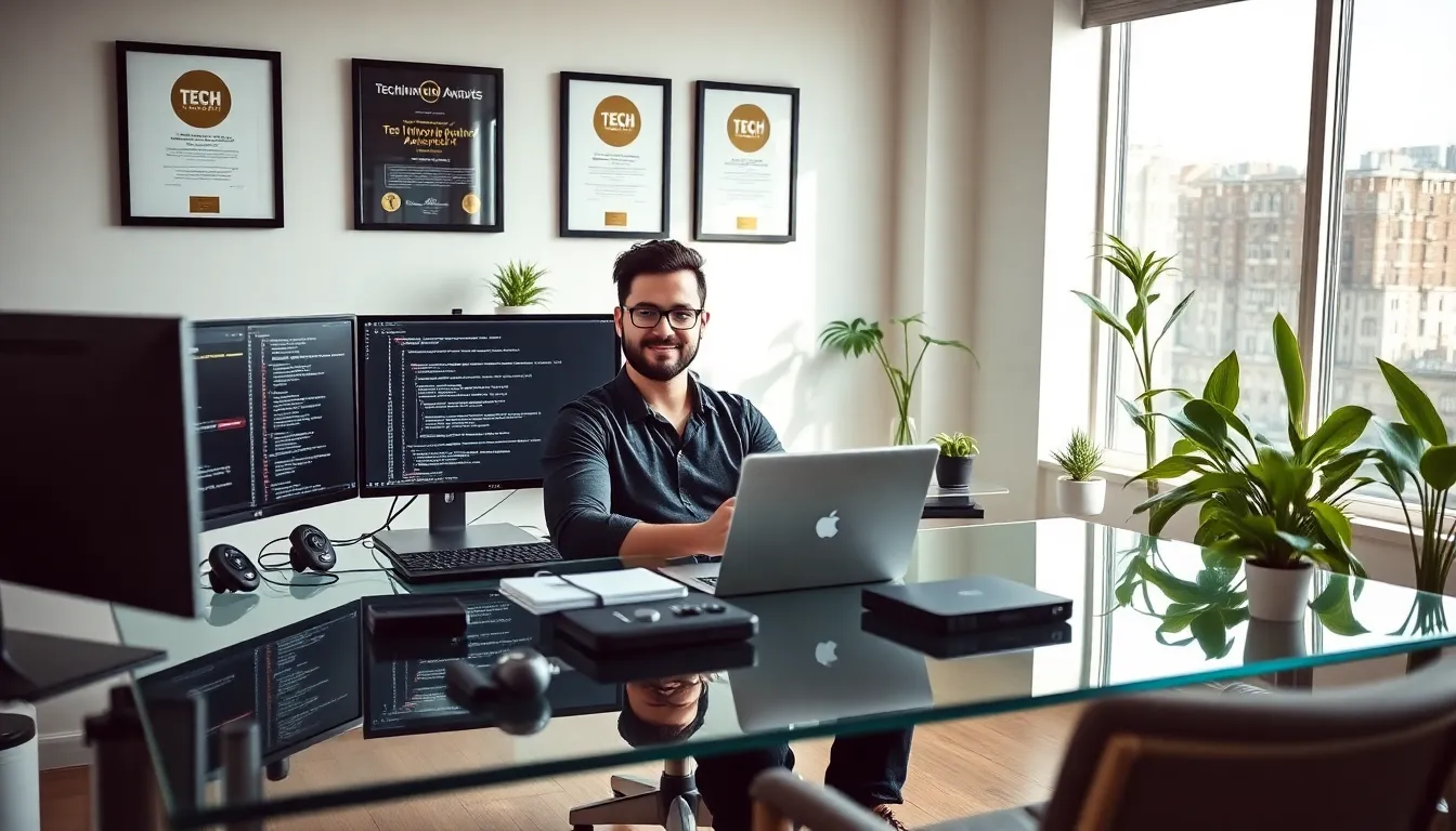 tech professional in a modern workspace with awards.