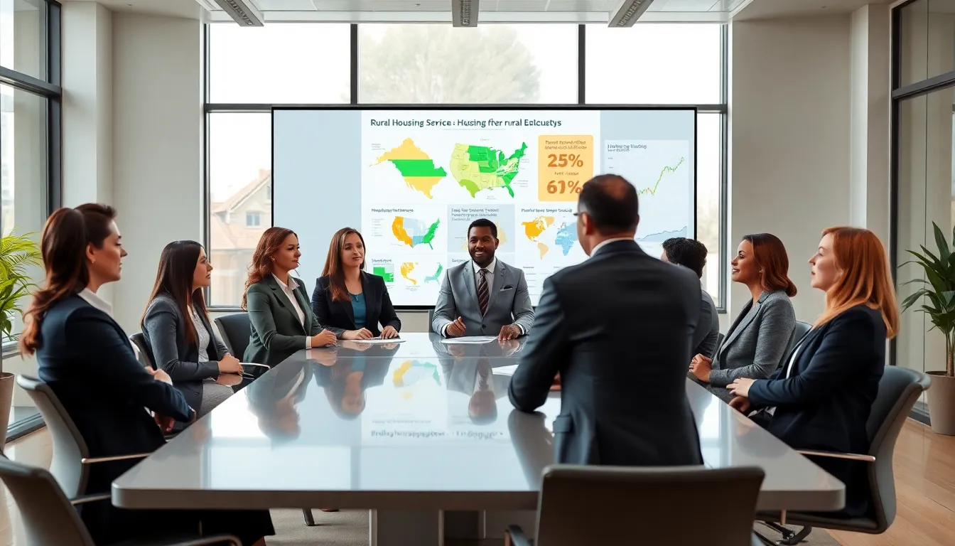 diverse team discussing rural housing initiatives in a modern office.
