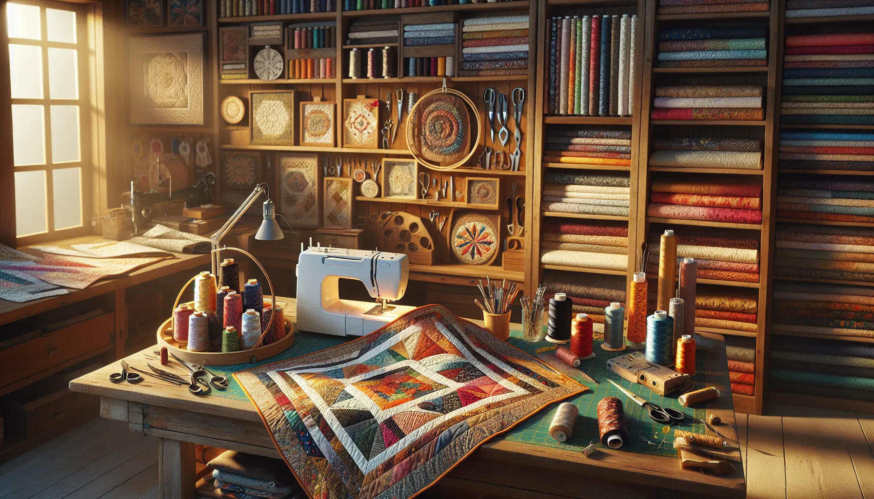 A sewing and quilting studio with tools and a quilted garment in progress.