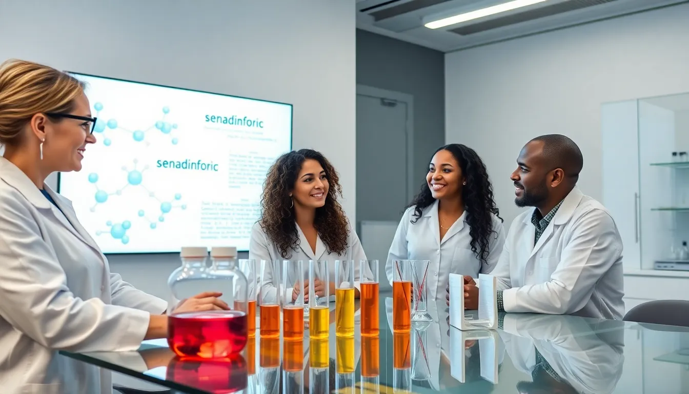 Researchers discussing senadinforic in a modern laboratory.