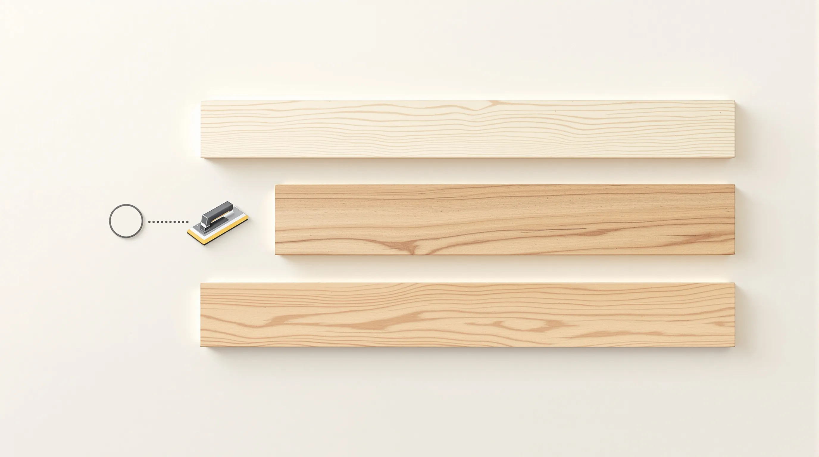 Three wooden plank sections showing progressive sanding stages from rough to smooth finish.