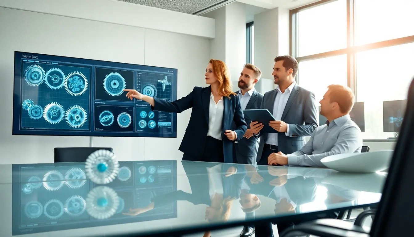 engineers collaborating on gear simulations in a modern office.