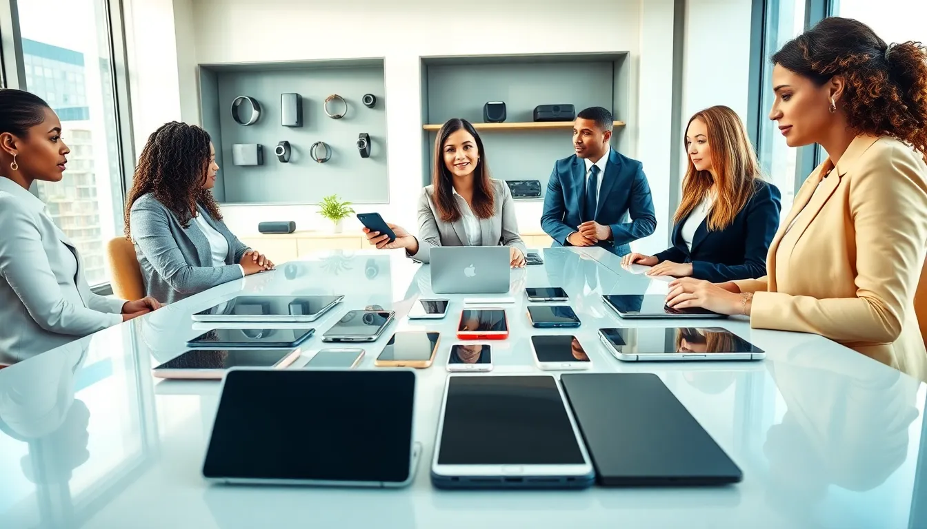 professionals discussing top electronic gift ideas in a modern office.