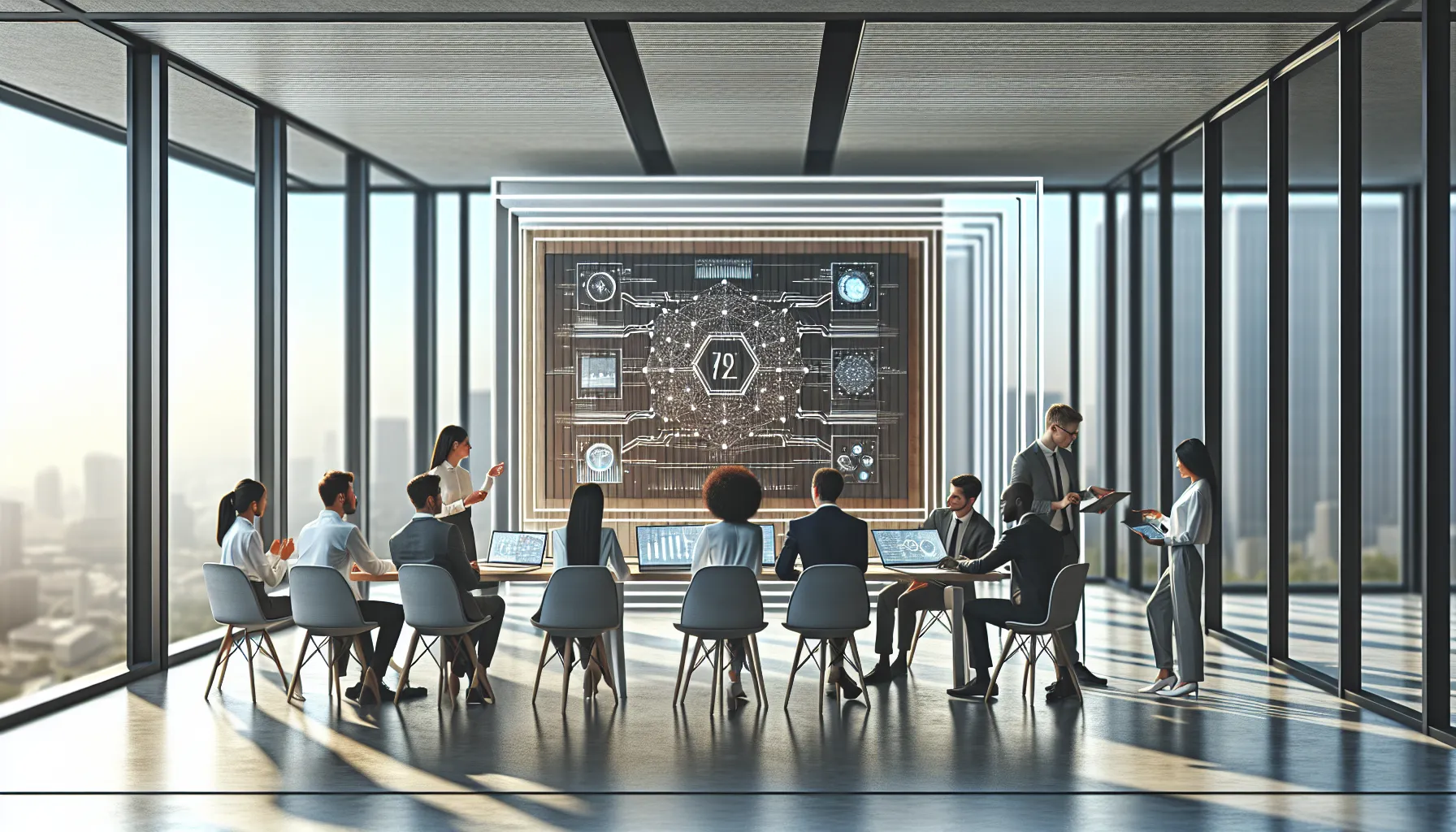 diverse team analyzing digital data in a modern office.