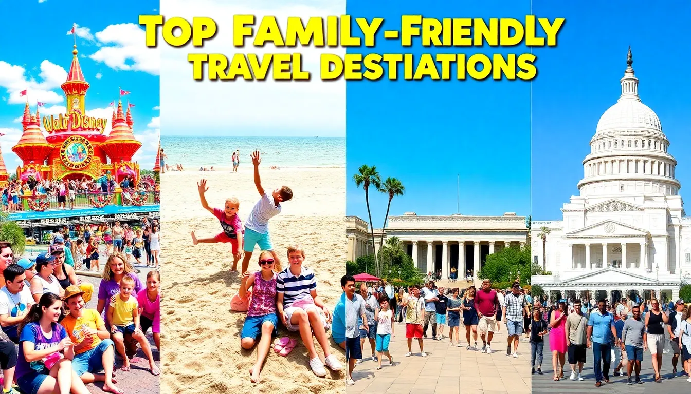 collage of family-friendly travel destinations in the United States.