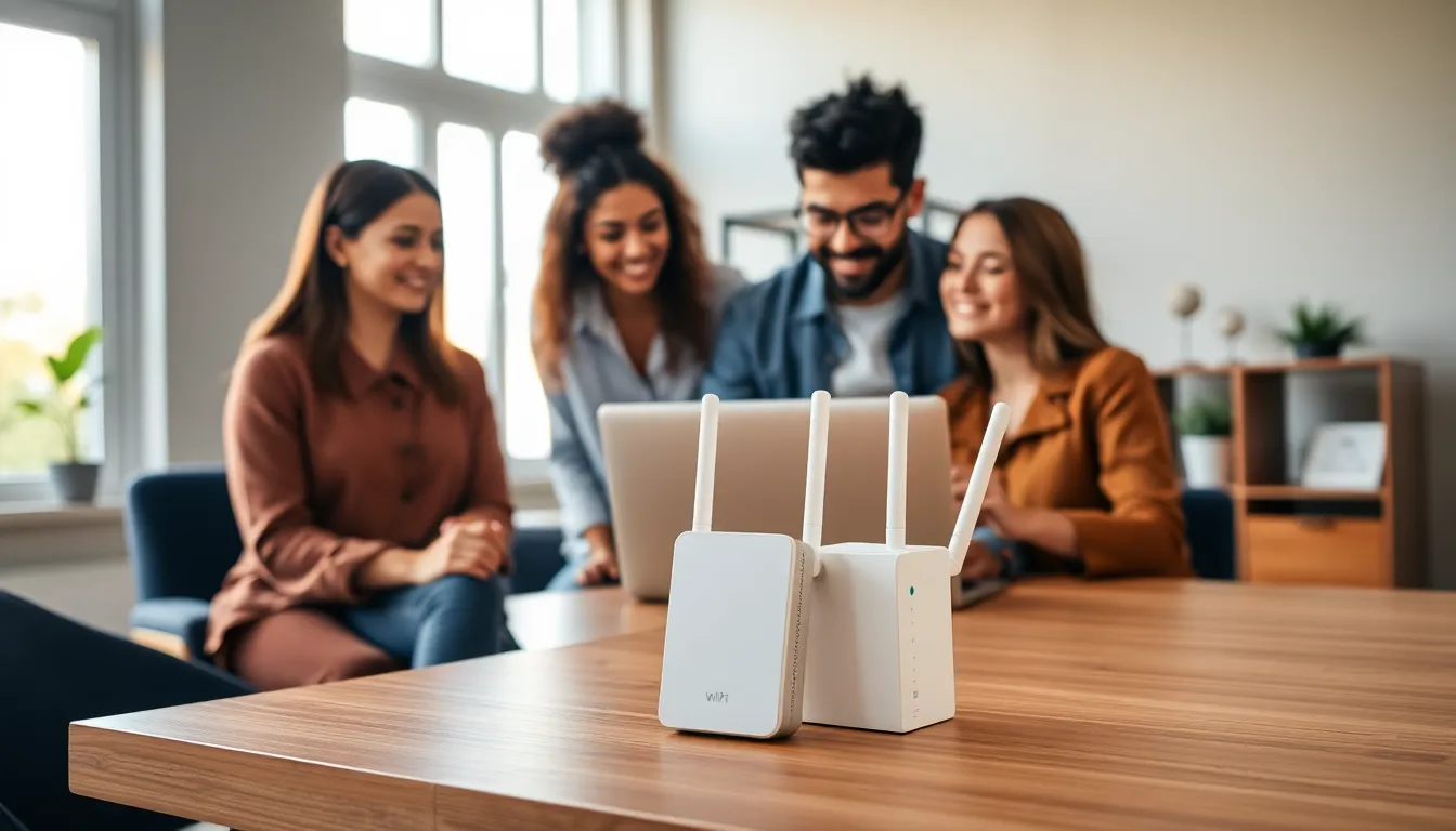 professionals discussing WiFi extender benefits in a modern home office.