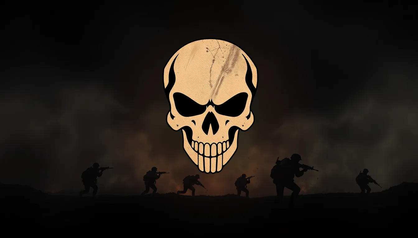 stylized skull emblem in a dark battlefield setting.