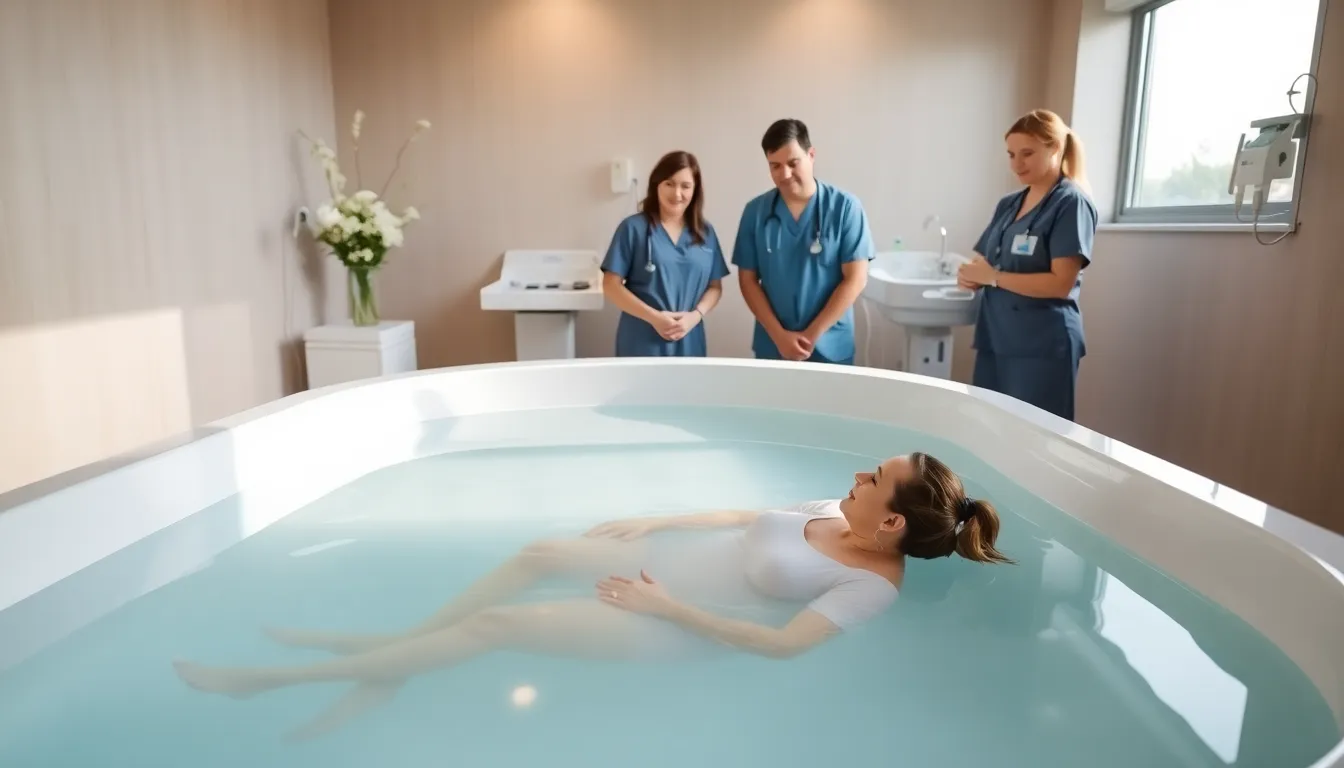 Pregnant woman in a peaceful water birth setting.