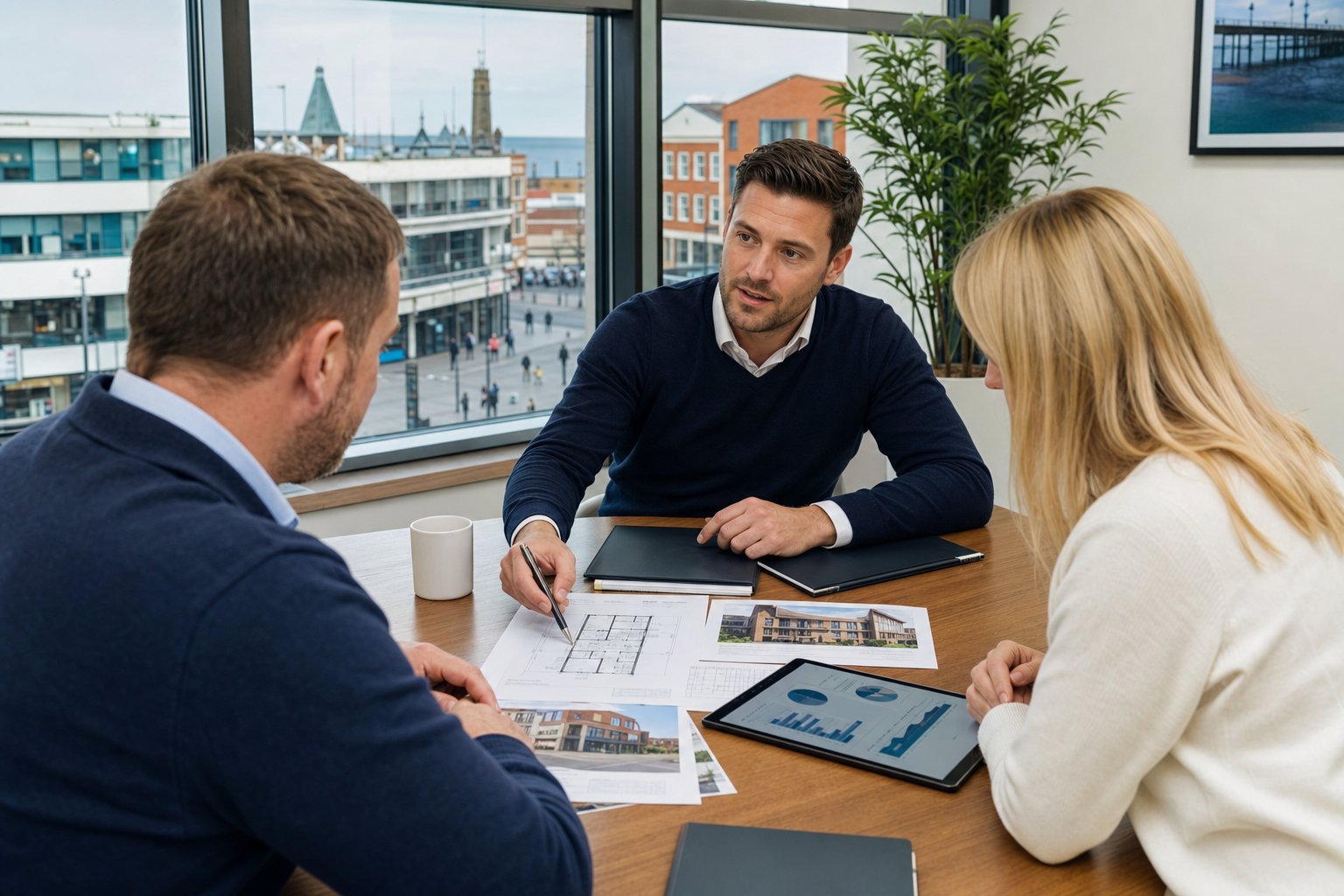 Professional commercial mortgage adviser meeting clients in a bright Southport office, reviewing property finance documents in a calm, modern setting.
