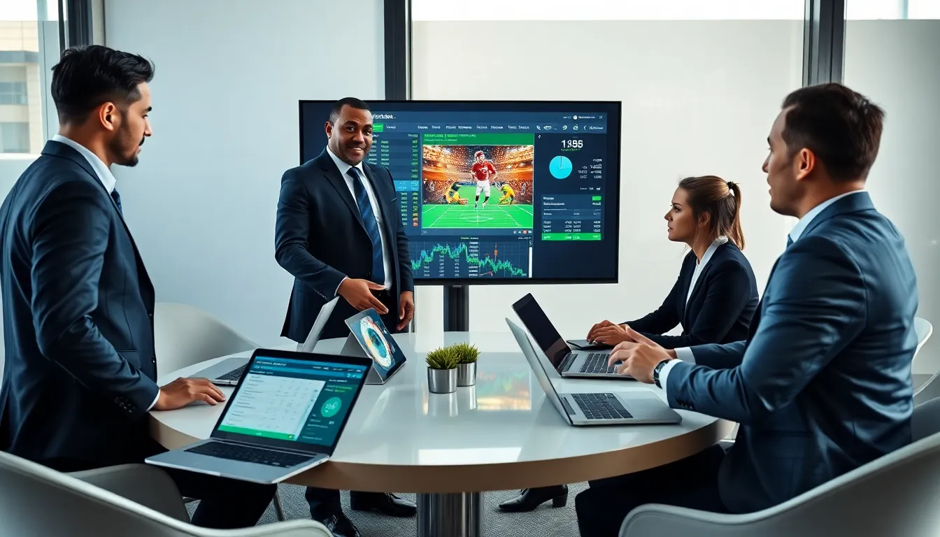 diverse team discussing a pay per head sportsbook in a modern office.