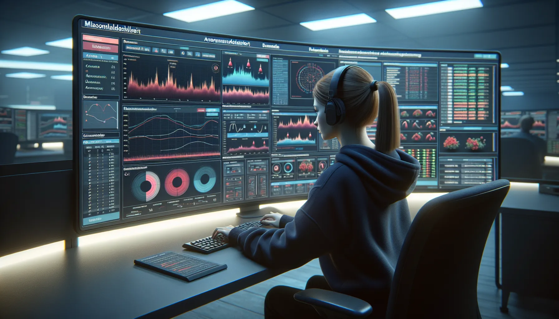 Norwegian cybersecurity analyst monitoring ai-driven anomaly detection dashboards in a modern office.