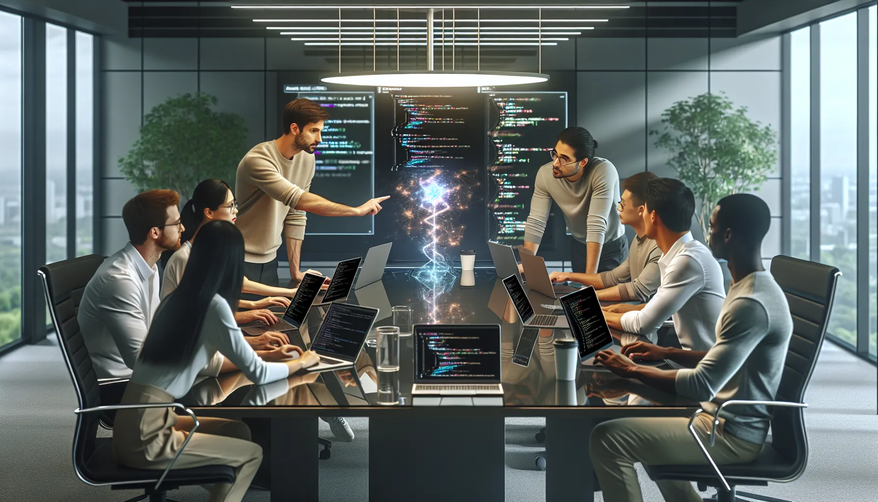 diverse developers discussing Python update features around a conference table.