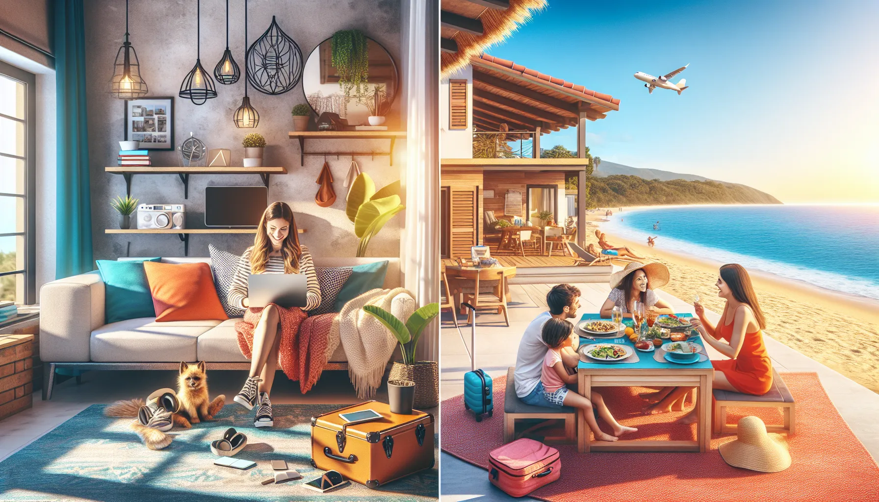Split image showing Airbnb appeal to solo adventurers and Vrbo catering to families.