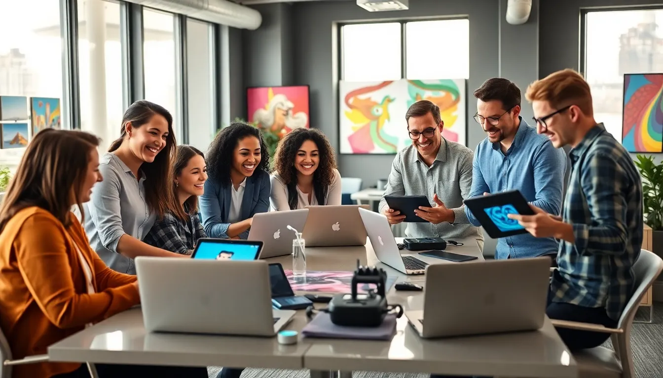 diverse team brainstorming in a modern creative workspace.