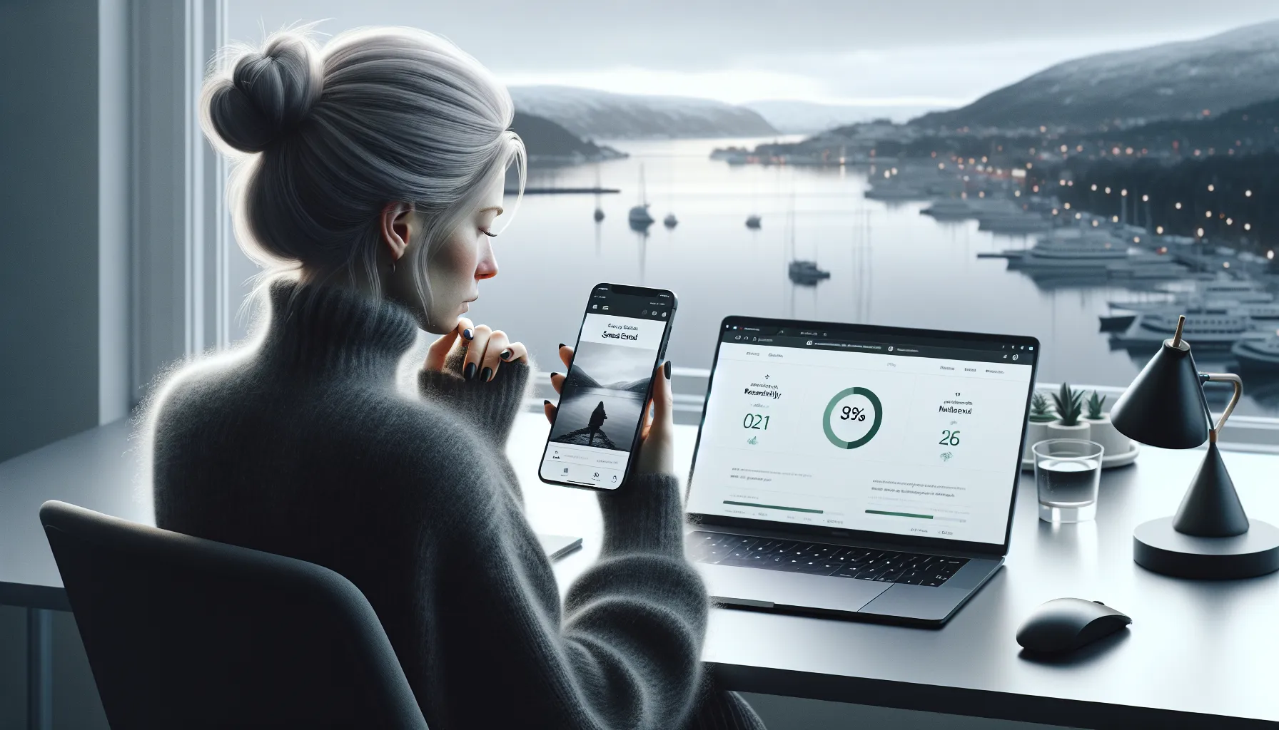 Marketer reviews mobile site speed and seo metrics in a modern oslo office.