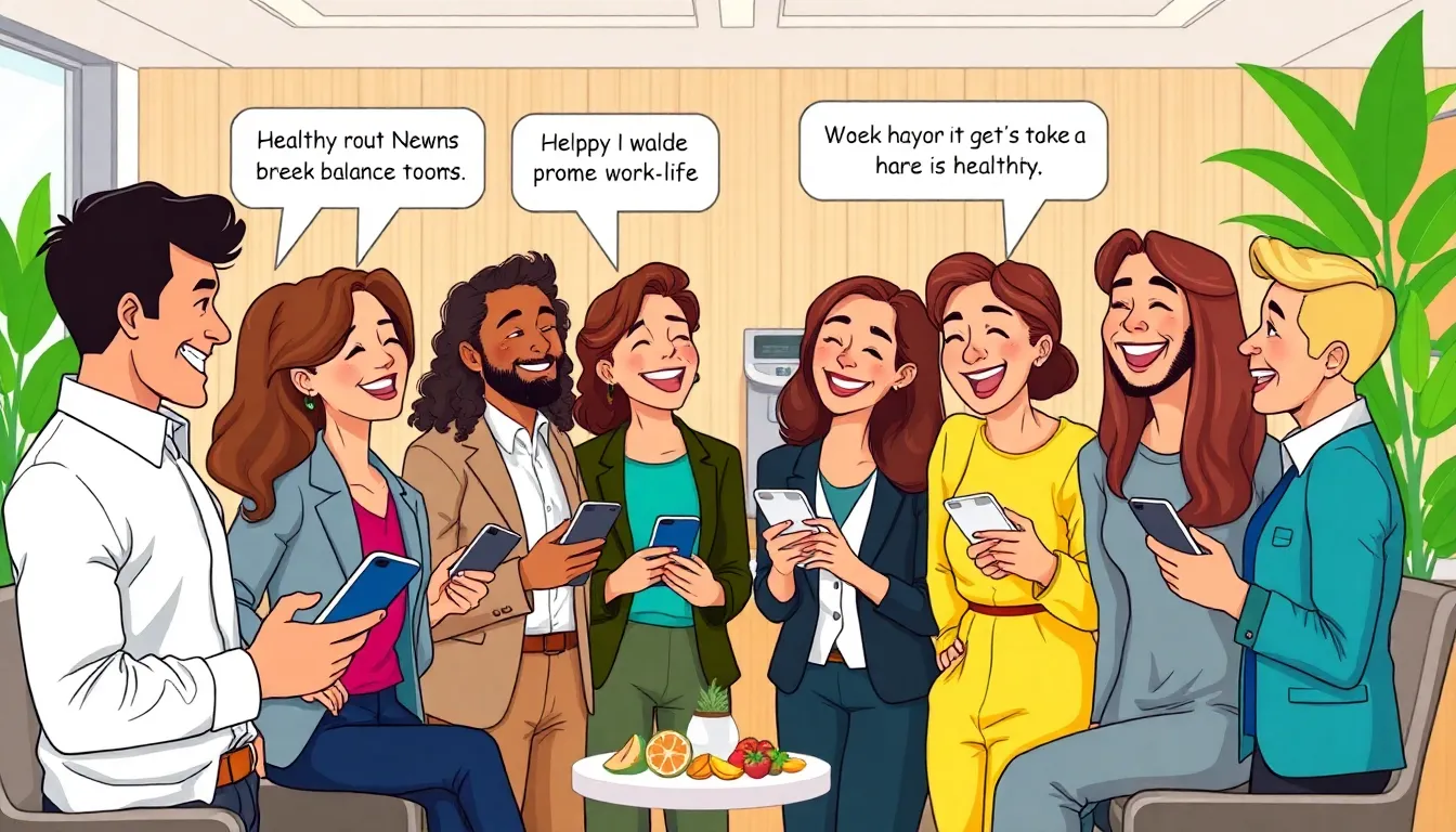 team sharing work-life balance memes in a modern office.