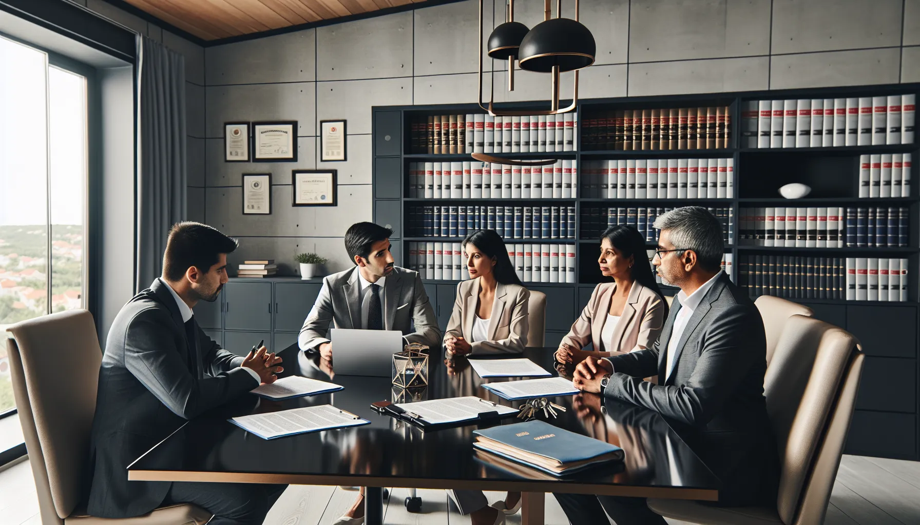 Legal professionals consulting with couple about property division in modern Croatian law office.