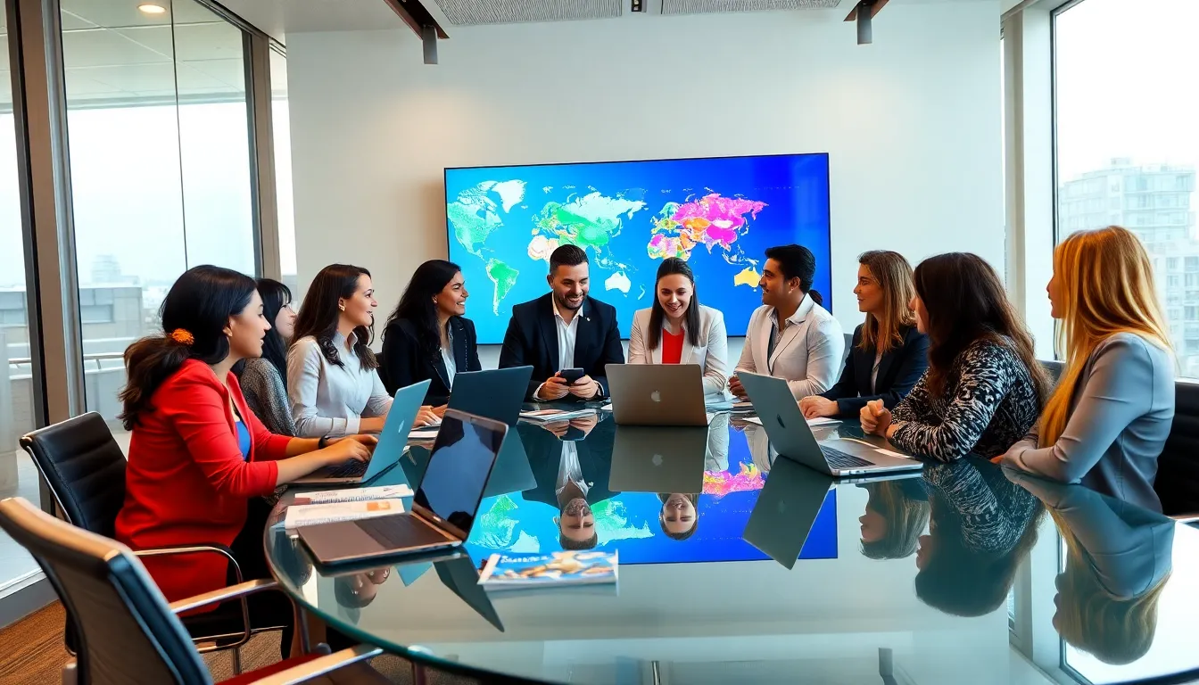 diverse travel professionals collaborating in a modern office.