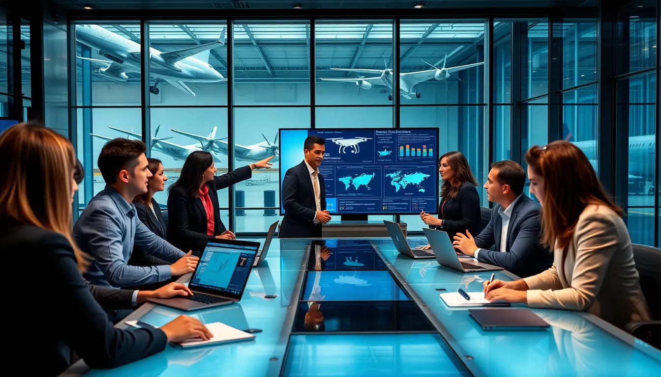diverse team collaborating in a modern aerospace newsroom.