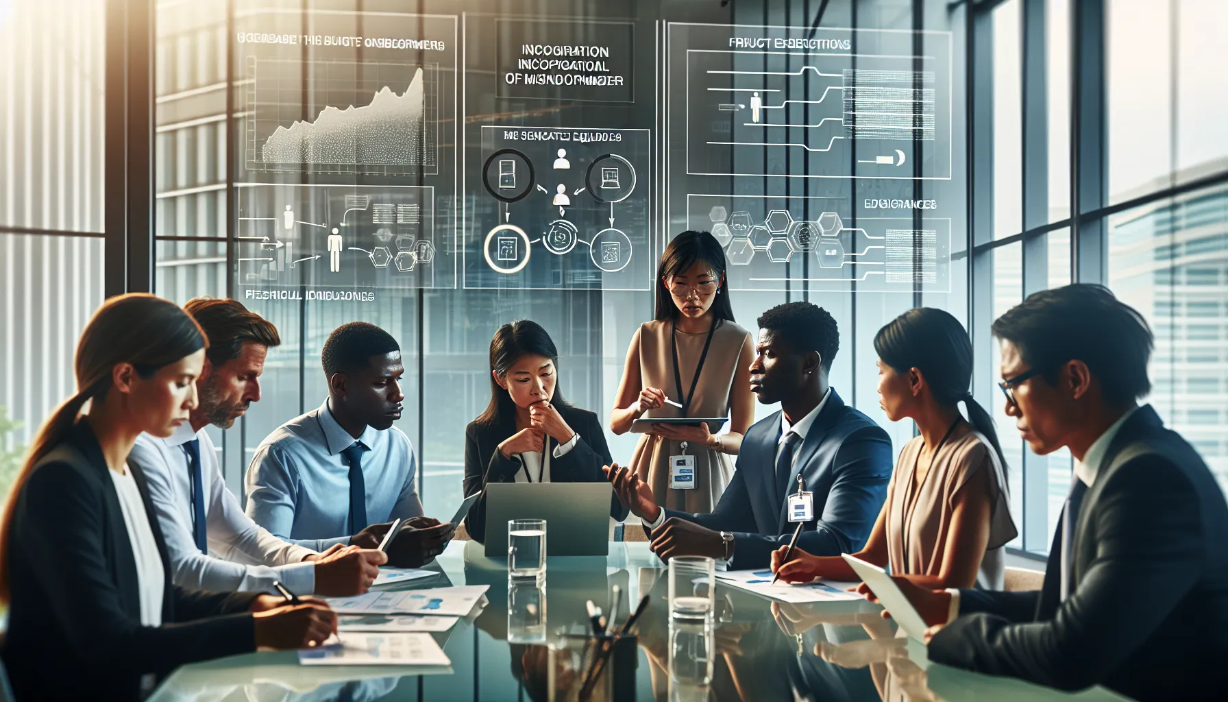 a diverse team discussing technology integration in a modern office.