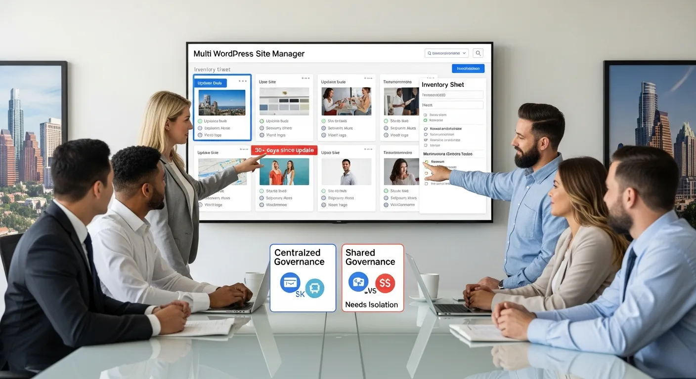 Team reviews a dashboard managing updates and risks across multiple WordPress sites.