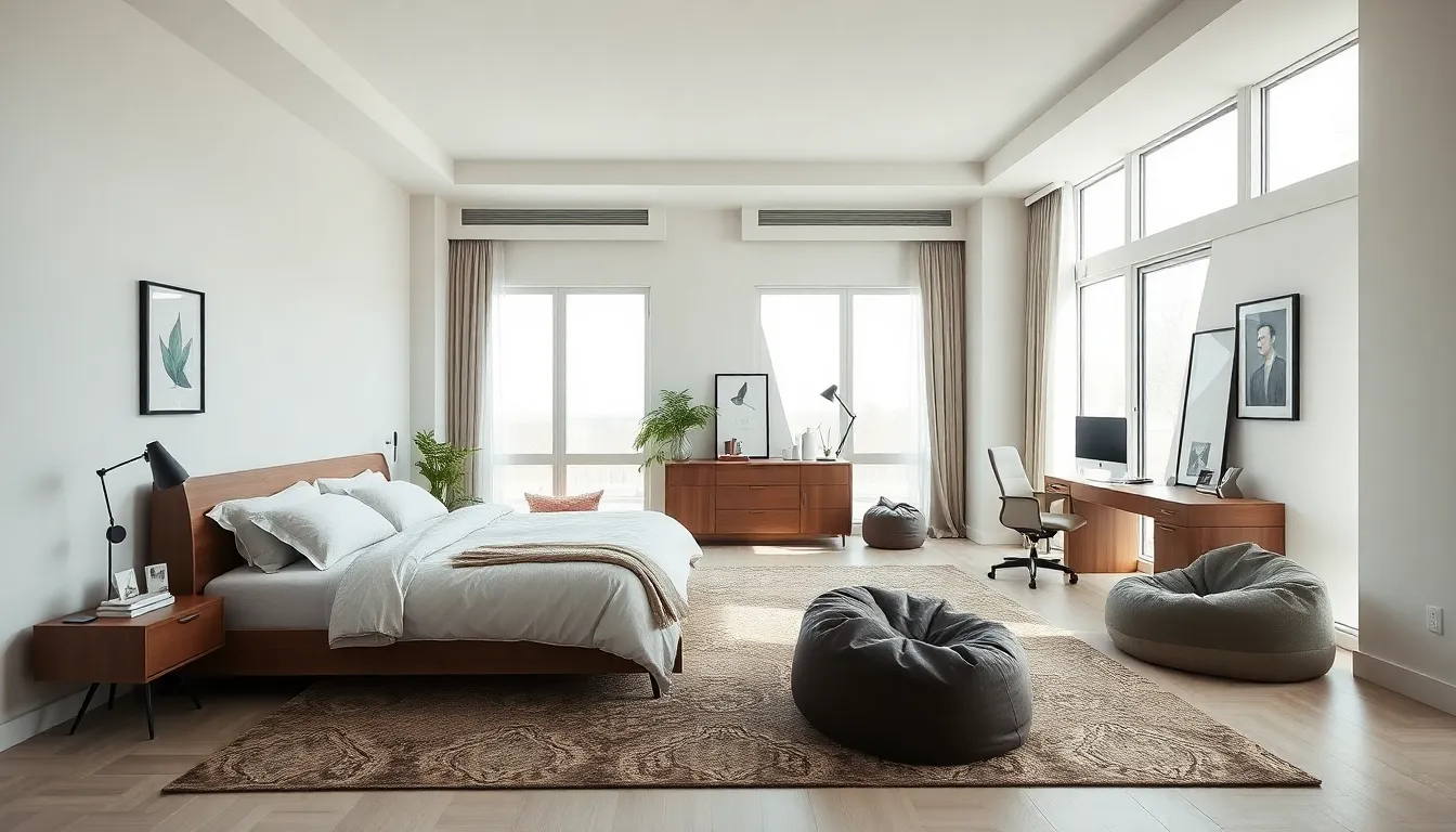 spacious bedroom with a cozy reading nook and workspace.