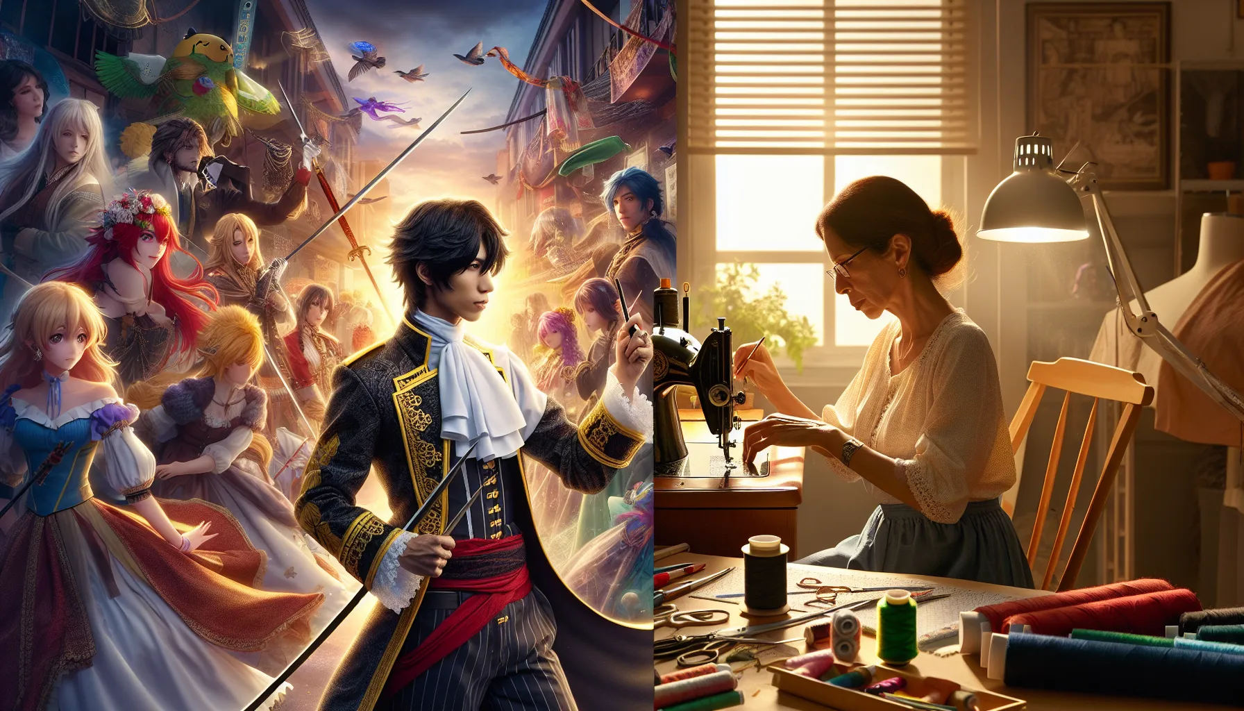 Comparison of cosplay and costuming illustrated through rich, contrasting scenes.