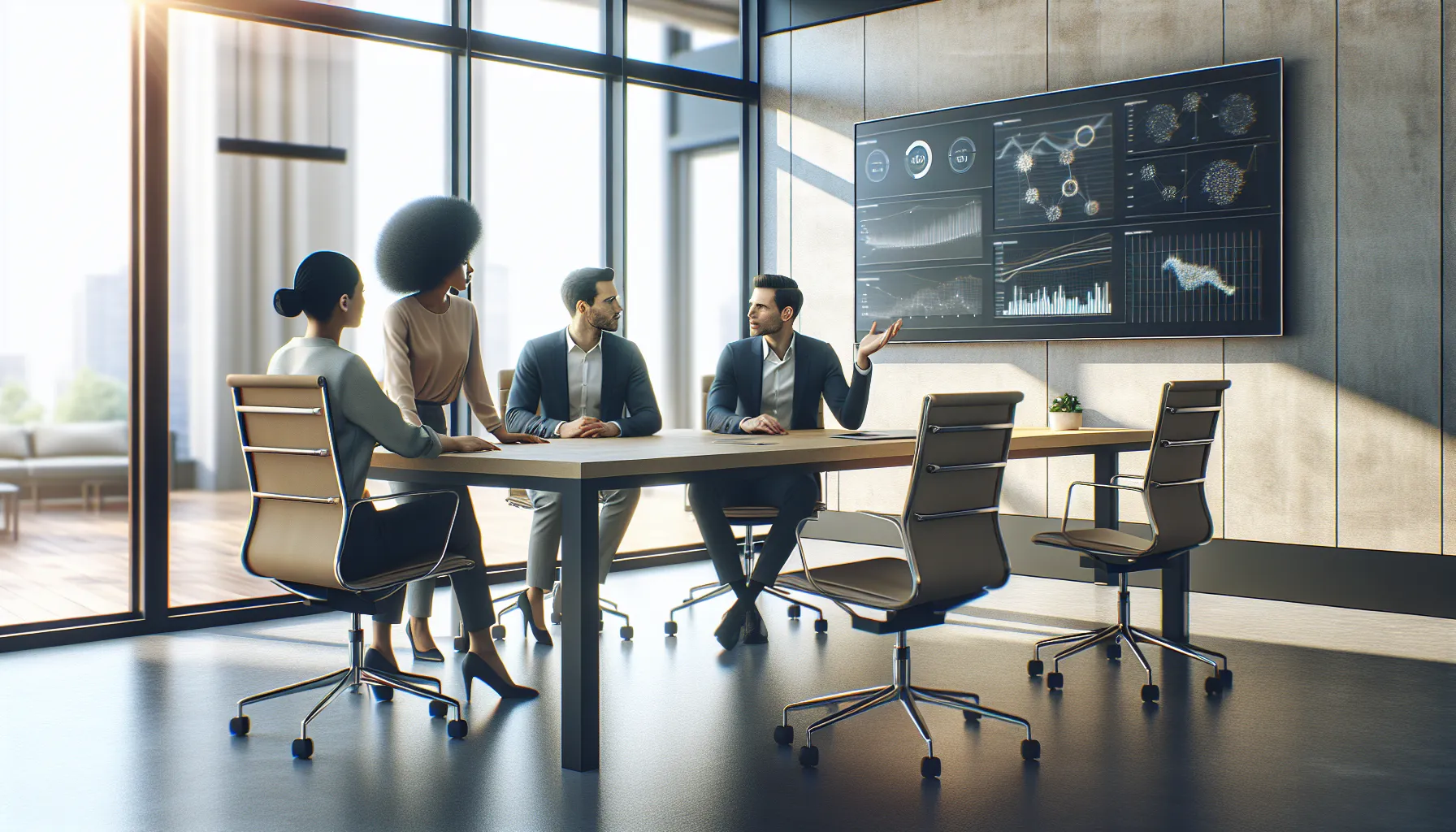 diverse team discussing Bgf.Center IGR dashboard in a modern office.