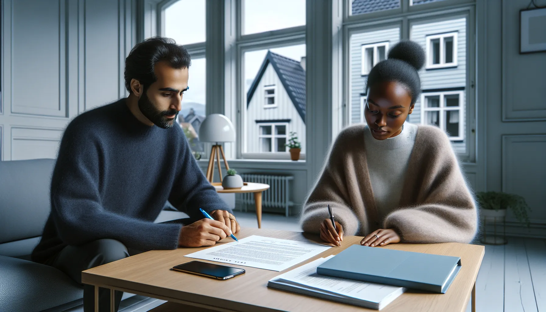 Landlord and tenant reviewing and signing a clear norwegian rental contract together.