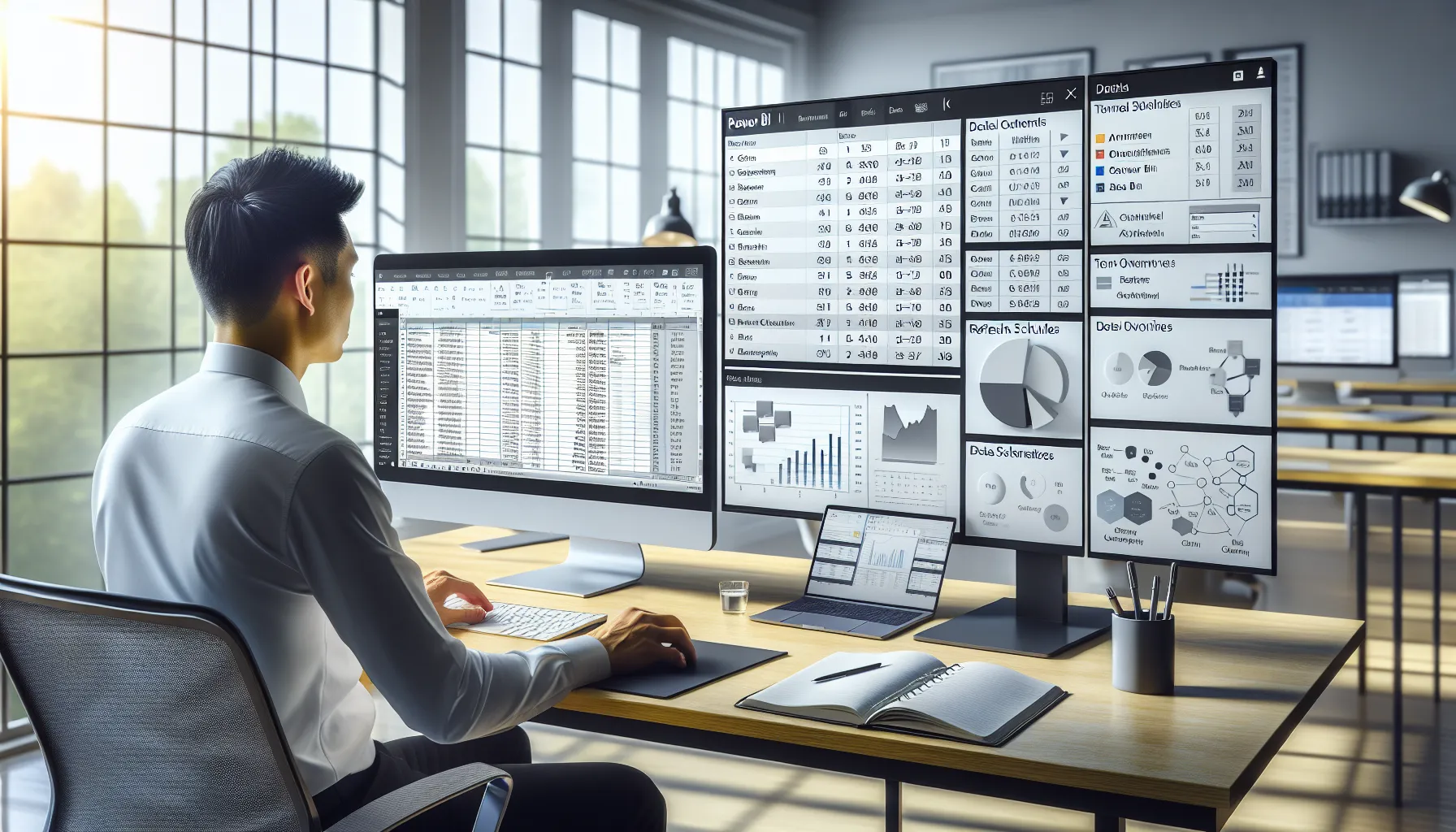 Analyst using Power BI to pull structured Excel data in a modern office.