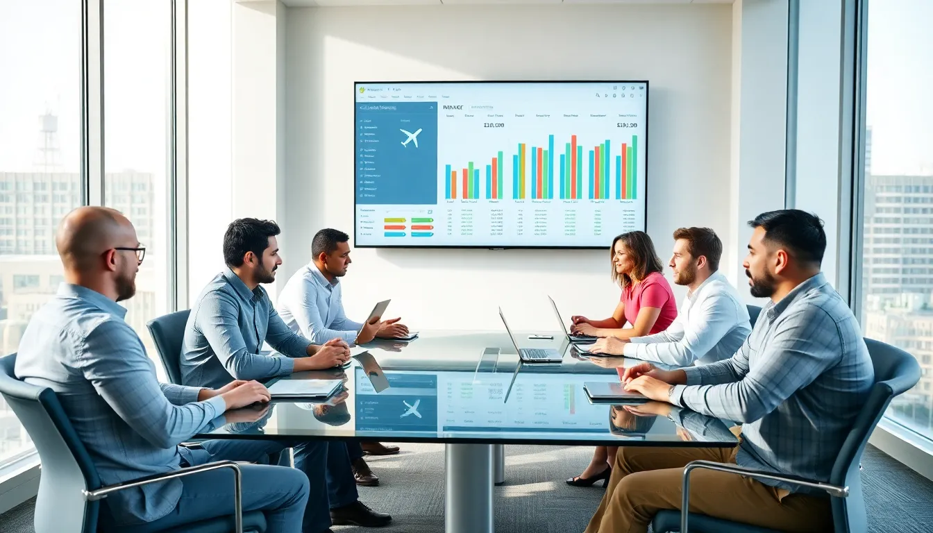 diverse team discussing corporate travel budgets in a modern office.